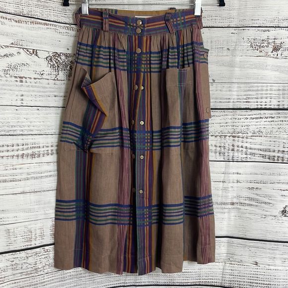 Escada Dresses & Skirts - Escada Brown Plaid Midi Skirt with Blue and Purple Stripes